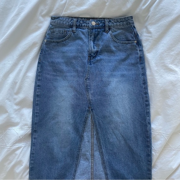 White Fox Boutique Take My Picture Denim Maxi Skirt – Blue Wash - Picture 6 of 10